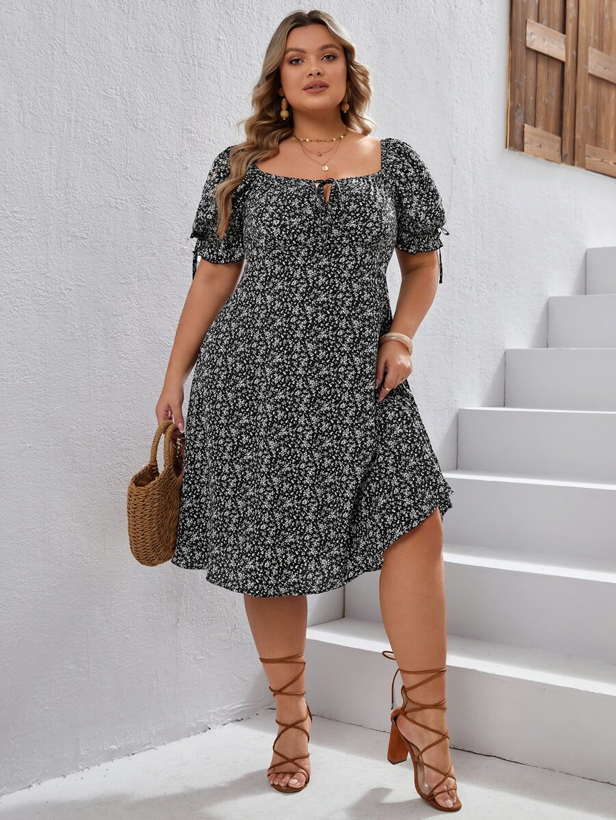 SHEIN VCAY Plus Ditsy Floral Print Knot Front Puff Sleeve Dress - Black and White - View 1
