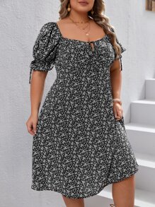 SHEIN VCAY Plus Ditsy Floral Print Knot Front Puff Sleeve Dress - Black and White - View 6