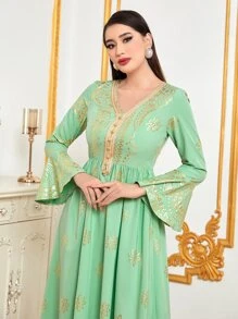 Al Najma Gold Floral Print Flounce Sleeve Dress - Multicolor - View 5