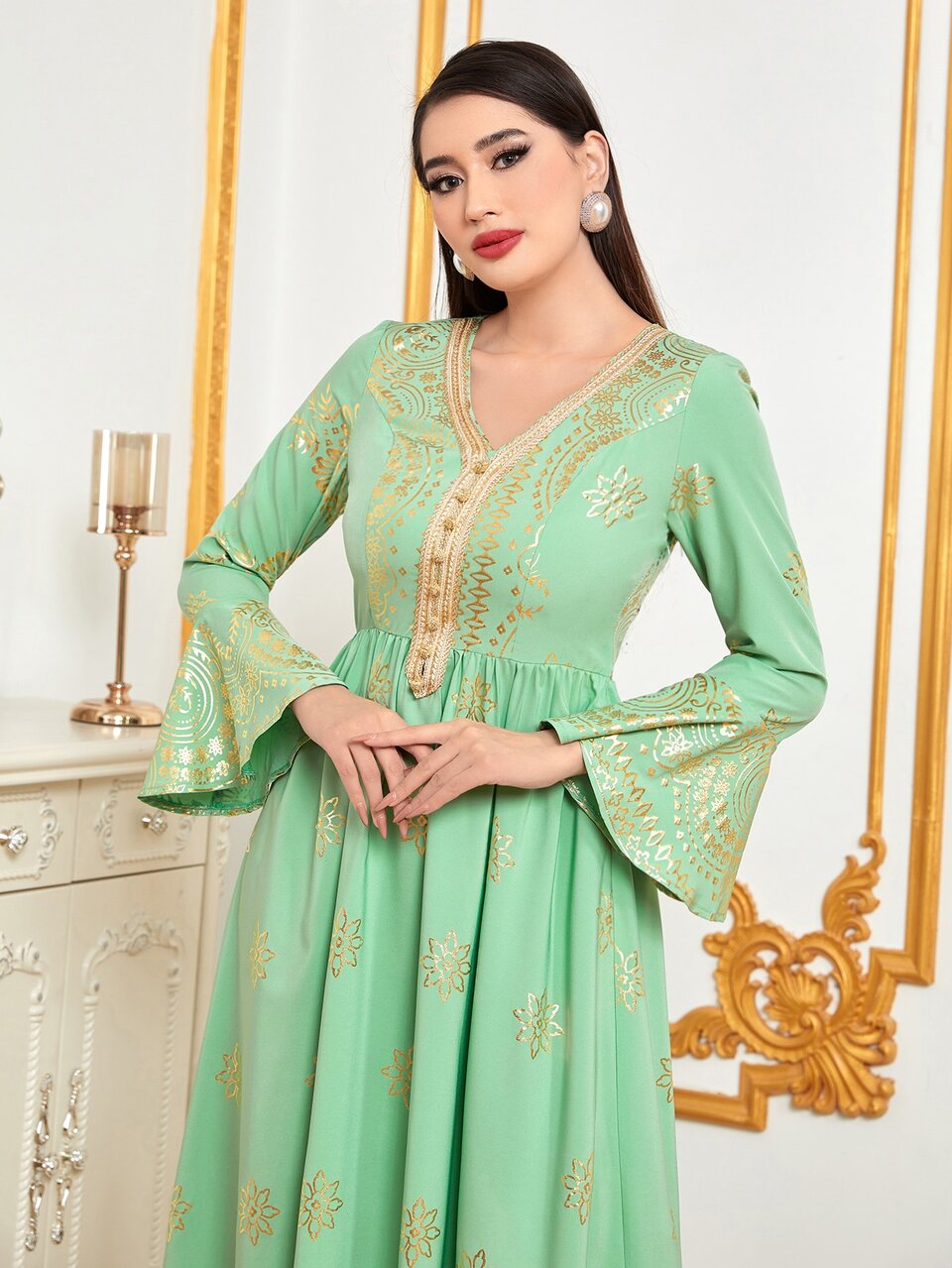 Gold Floral Print Flounce Sleeve Dress
