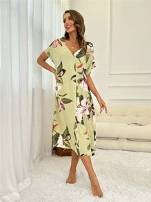 Floral Print Batwing Sleeve Night Dress - Lime Green - View 5