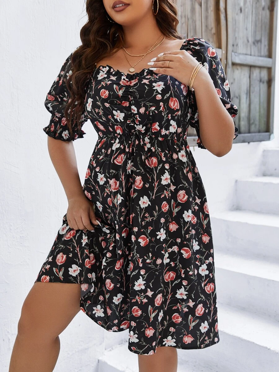 SHEIN LUNE Plus Floral Print Puff Sleeve Dress