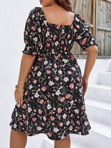 SHEIN LUNE Plus Floral Print Puff Sleeve Dress