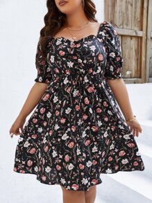 SHEIN LUNE Plus Floral Print Puff Sleeve Dress
