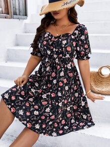 SHEIN LUNE Plus Floral Print Puff Sleeve Dress