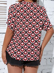 Calvaya Plus Geo Print Petal Sleeve Popover Blouse For Summer - Multicolor - View 2