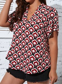 Calvaya Plus Geo Print Petal Sleeve Popover Blouse For Summer - Multicolor - View 3