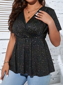 SHEIN Clasi 大碼星空圖案交疊領荷葉邊下擺T恤 - 黑色 - 查看 3