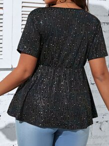 SHEIN Clasi 大碼星空圖案交疊領荷葉邊下擺T恤 - 黑色 - 查看 2