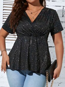 SHEIN Clasi 大碼星空圖案交疊領荷葉邊下擺T恤 - 黑色 - 查看 5