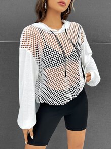 SHEIN ICON 落肩袖抽繩網紗連帽衫不附吊帶上衣 - 白色 - 查看 1