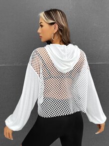 SHEIN ICON 落肩袖抽繩網紗連帽衫不附吊帶上衣 - 白色 - 查看 2