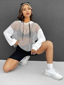 SHEIN ICON 落肩袖抽繩網紗連帽衫不附吊帶上衣 - 白色 - 查看 3