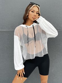 SHEIN ICON 落肩袖抽繩網紗連帽衫不附吊帶上衣 - 白色 - 查看 4