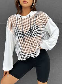 SHEIN ICON 落肩袖抽繩網紗連帽衫不附吊帶上衣 - 白色 - 查看 5