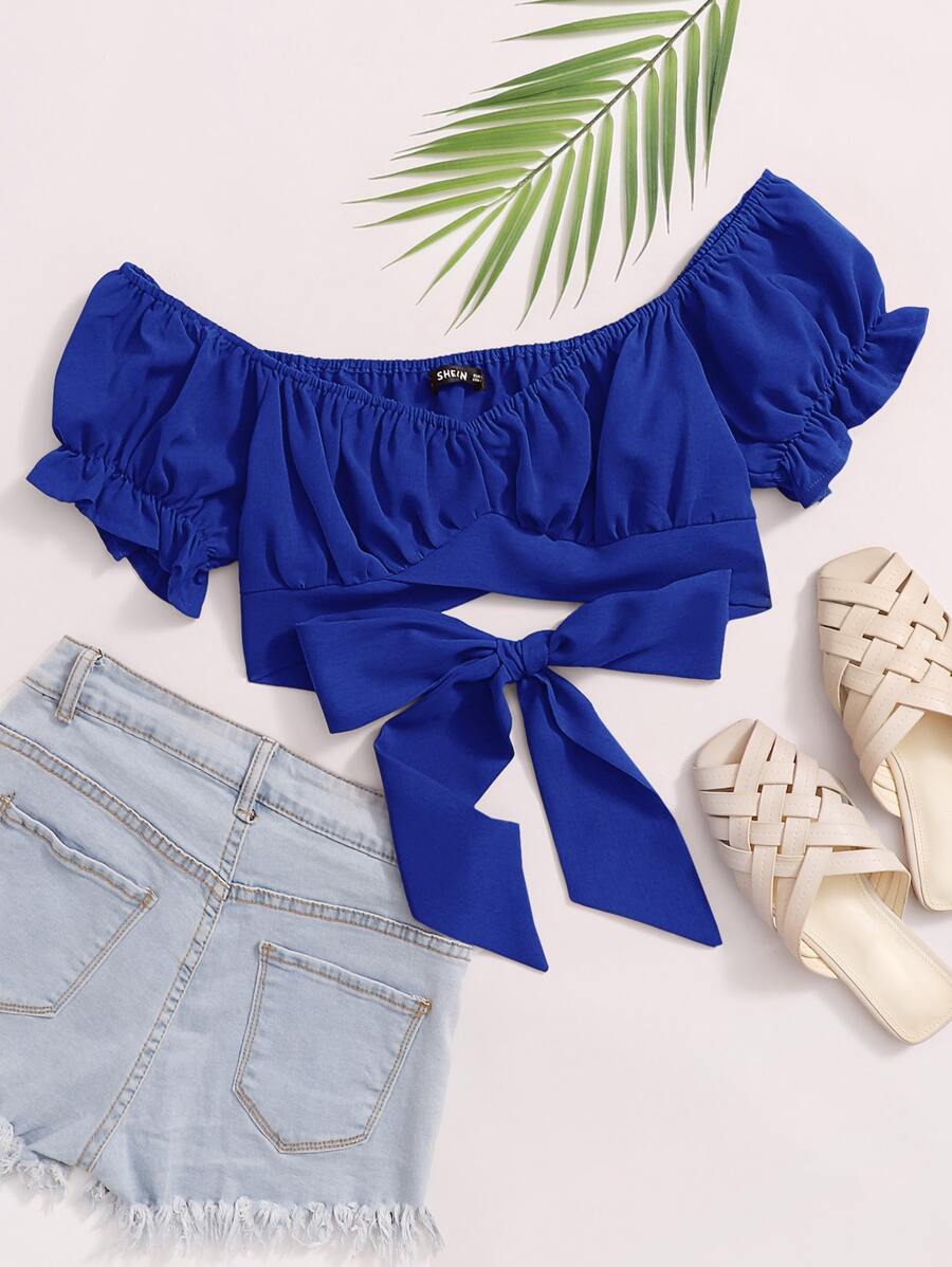 Soleia Tied Hem Puff Sleeve Crop Top - Royal Blue - View 1