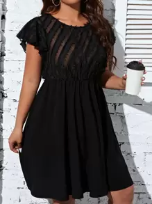SHEIN LUNE Đầm Plus Size Xù Tương phản Mesh màu trơn Giải trí - màu đen - Xem 3