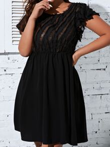 SHEIN LUNE Đầm Plus Size Xù Tương phản Mesh màu trơn Giải trí - màu đen - Xem 1