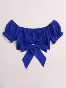 Soleia Tied Hem Puff Sleeve Crop Top - Royal Blue - View 2