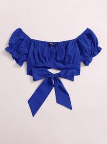 Soleia Tied Hem Puff Sleeve Crop Top - Royal Blue - View 3
