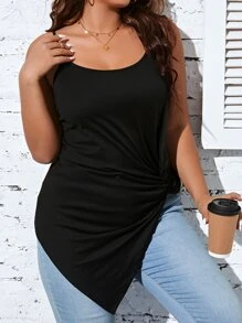 SHEIN LUNE Áo hai dây Plus Size Bất đối xứng xoắn lại màu trơn Giải trí - màu đen - Xem 6