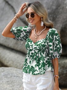 SHEIN VCAY Floral Print Puff Sleeve Blouse - Green - View 4