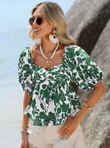 SHEIN VCAY Floral Print Puff Sleeve Blouse - Green - View 6