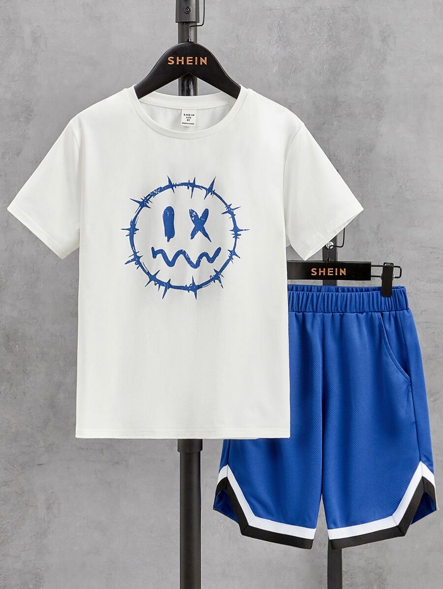 SHEIN Boys Expression Print Tee & Contrast Tape Shorts - Blue and White - View 1
