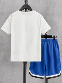 SHEIN Boys Expression Print Tee & Contrast Tape Shorts - Blue and White - View 2