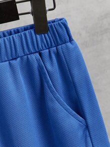 SHEIN Boys Expression Print Tee & Contrast Tape Shorts - Blue and White - View 4