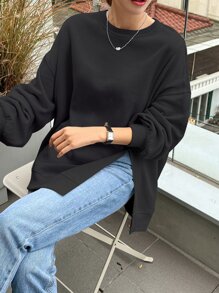 DAZY 落肩开衩下摆卫衣，秋装 - 黑色 - 查看 1