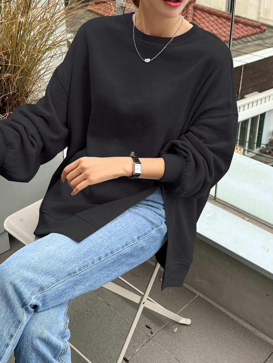 DAZY 落肩开衩下摆卫衣，秋装 - 黑色 - 查看 1