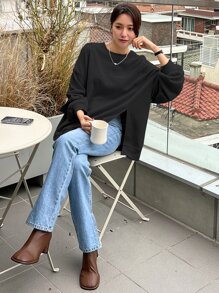 DAZY 落肩开衩下摆卫衣，秋装 - 黑色 - 查看 3