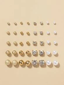 20pairs Rhinestone & Faux Pearl Decor Stud Earrings - Multicolor - View 1