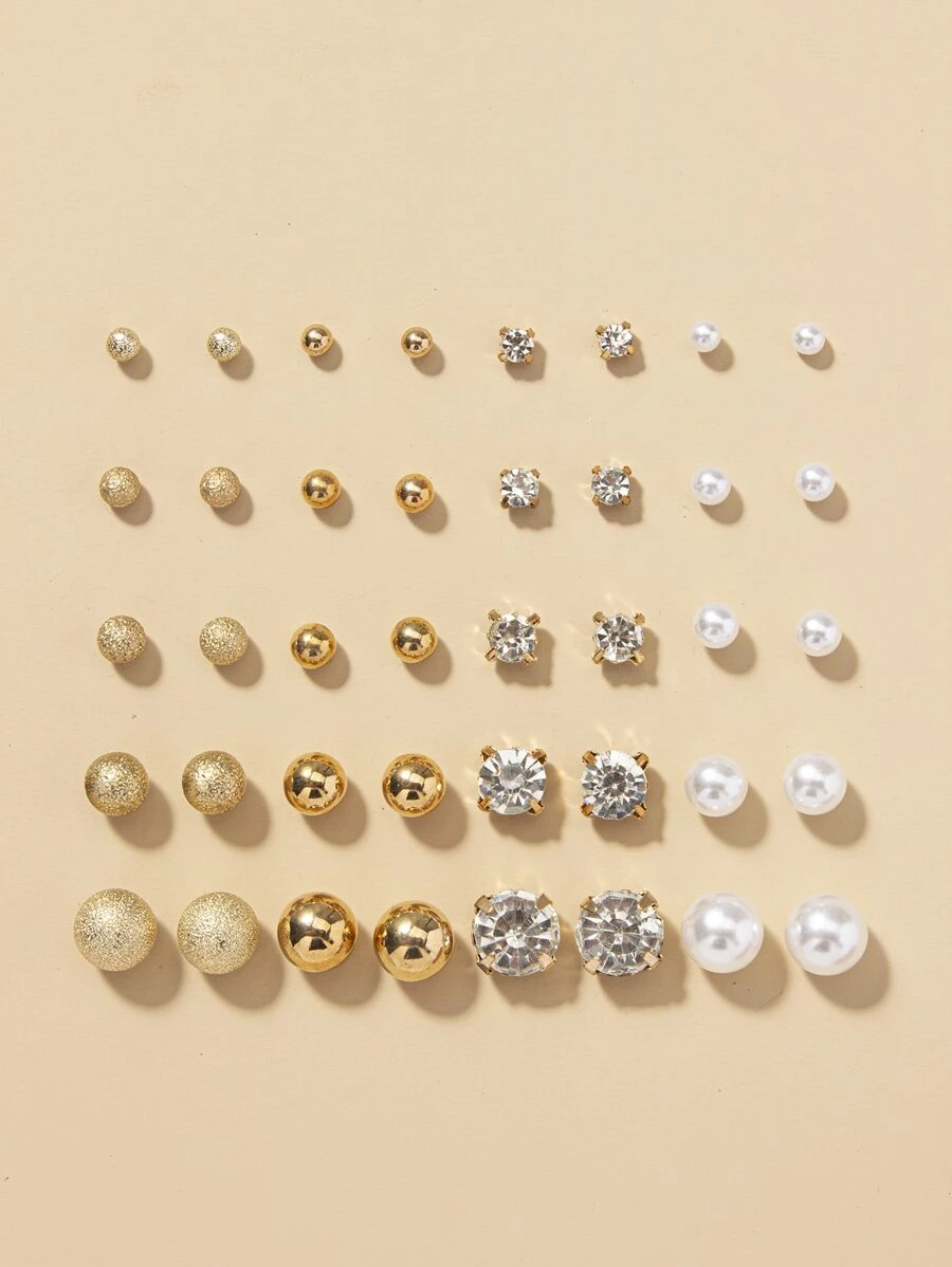 20pairs Rhinestone & Faux Pearl Decor Stud Earrings - Multicolor - View 1