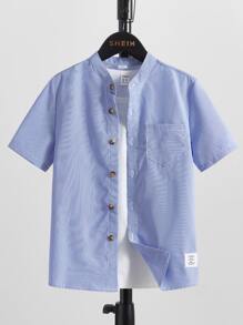 SHEIN Tween Boy Letter Patched Button Front Shirt Without Tee - Blue and White - View 1