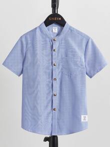 SHEIN Tween Boy Letter Patched Button Front Shirt Without Tee - Blue and White - View 3