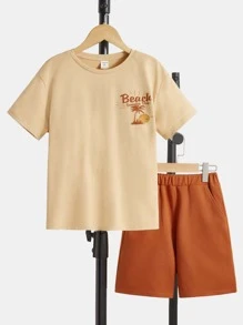 SHEIN Boys Palm Tree & Letter Graphic Tee & Shorts - Multicolor - View 1