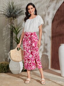 Mulvari Butterfly Print Split Thigh Belted Skirt