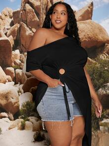 SHEIN CURVE+ 大碼一字肩金屬圓環前抽繩T恤 - 黑色 - 查看 5