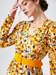 BizChic 滿版印花羊腿袖洋裝附腰帶工作服 - 彩色 - 查看 2