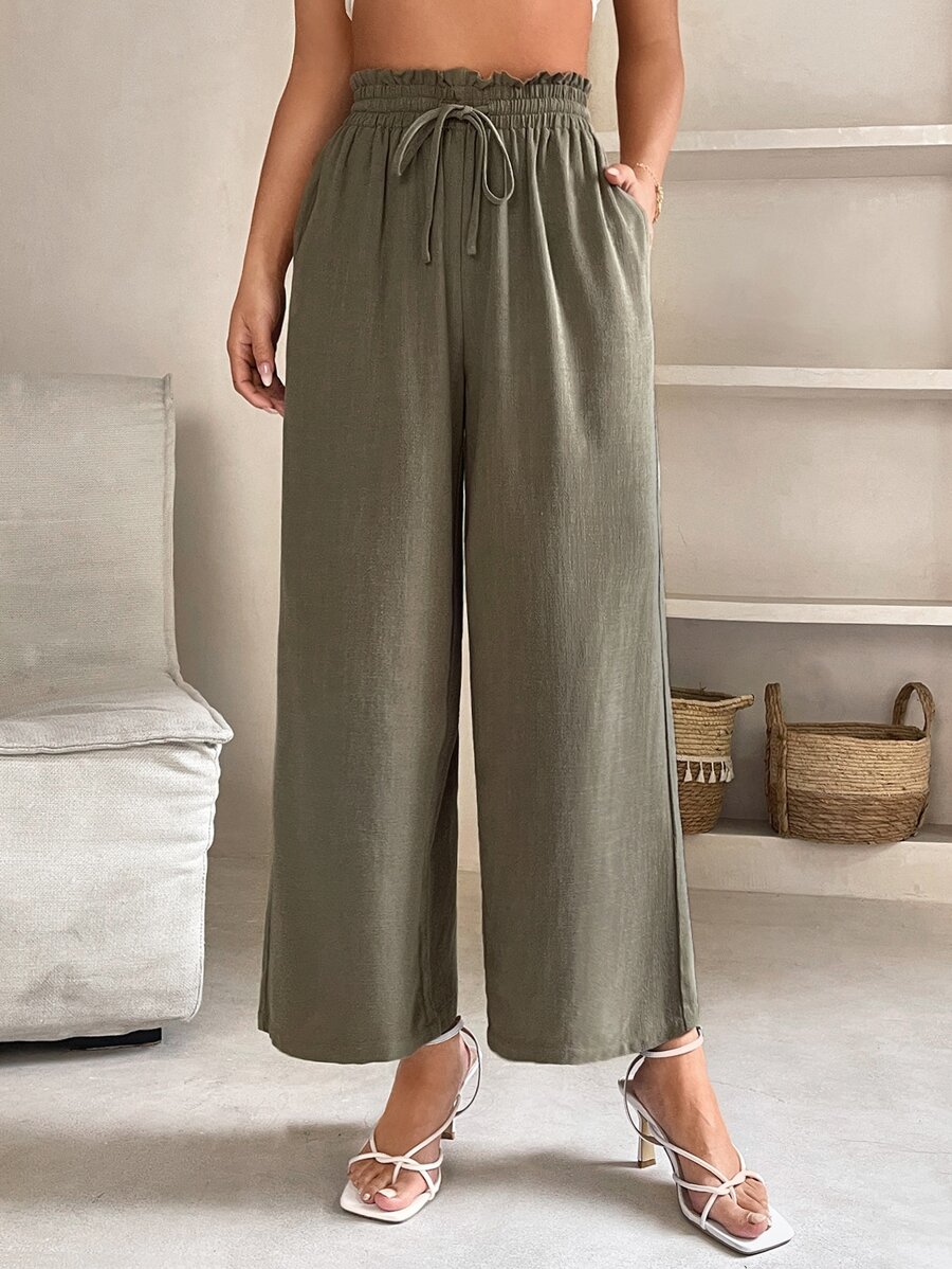 SHEIN PETITE Paperbag Waist Drawstring Waist Wide Leg Pants - Army Green - View 1