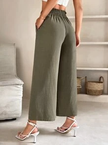 SHEIN PETITE Paperbag Waist Drawstring Waist Wide Leg Pants - Army Green - View 2
