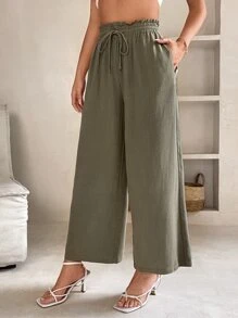 SHEIN PETITE Paperbag Waist Drawstring Waist Wide Leg Pants - Army Green - View 3