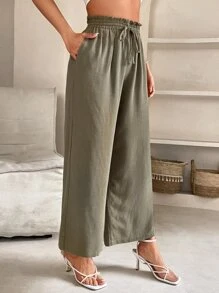 SHEIN PETITE Paperbag Waist Drawstring Waist Wide Leg Pants - Army Green - View 4