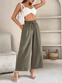 SHEIN PETITE Paperbag Waist Drawstring Waist Wide Leg Pants - Army Green - View 5