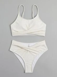 有肋紋扭結前夏日沙灘比基尼套裝 - 米色 - 查看 5