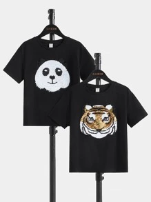 SHEIN Toddler Boys Change Animal Pattern Sequin Tee - Black - View 1