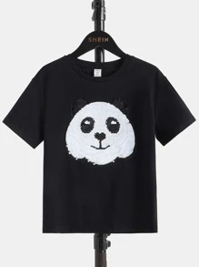 SHEIN Boys 1pc Reversible Sequins Tiger & Panda Pattern Tee - Black - View 2
