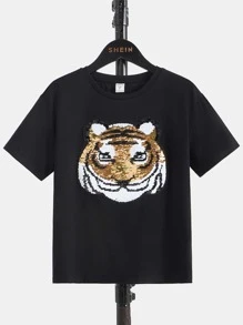 SHEIN Boys 1pc Reversible Sequins Tiger & Panda Pattern Tee - Black - View 6
